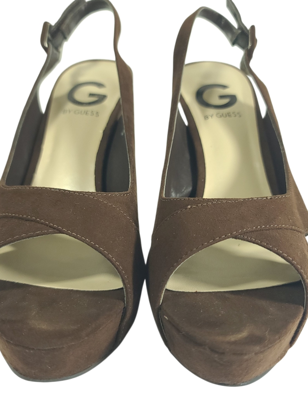 G by GUESS Brown Suede Slingback Platform Sandals Suze 7.5